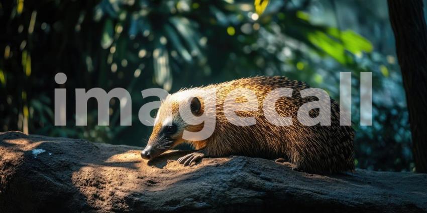 Golden Mole in the Rainforest. Close-up portrait of a small, furry mammal with a pointed snout. Perfect for nature, wildlife, and exotic animal themes.