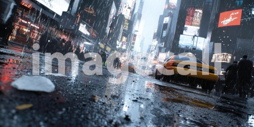 Rainy Times Square at Dawn. Empty city streets with iconic billboards and yellow cabs. Perfect for urban, cinematic, and atmospheric themes.