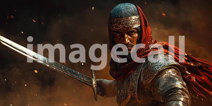 Warrior in Ornate Attire with Sword: A Historical or Fantasy Figure