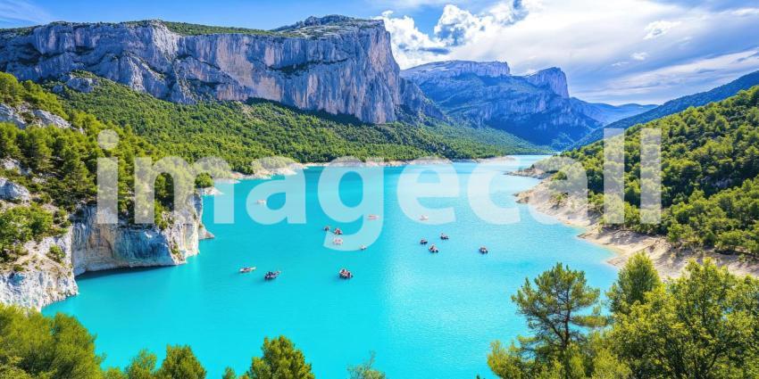 Scenic Lake with Boat and Wooden Dock. Tranquil landscape with crystal-clear water and lush greenery. Perfect for travel, nature, and vacation themes.