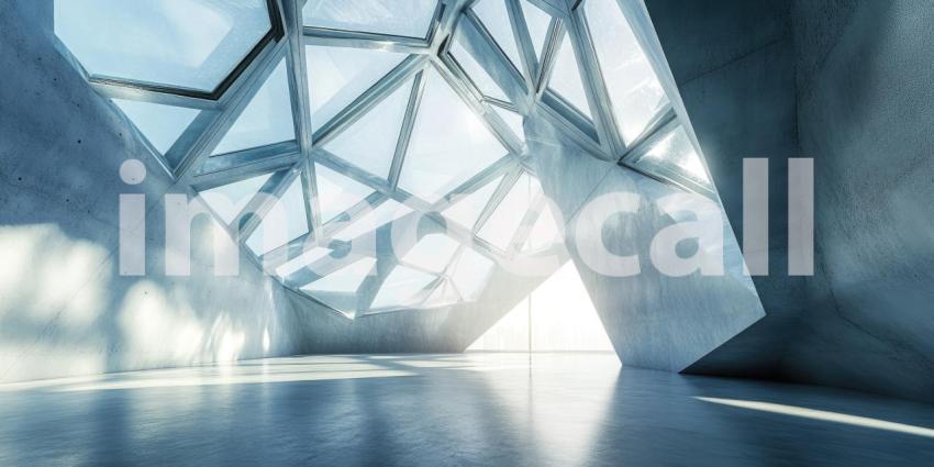 Futuristic Concrete Interior with Geometric Windows. Modern architectural space with light streaming through angular glass. Perfect for design, architecture, and sci-fi concepts.