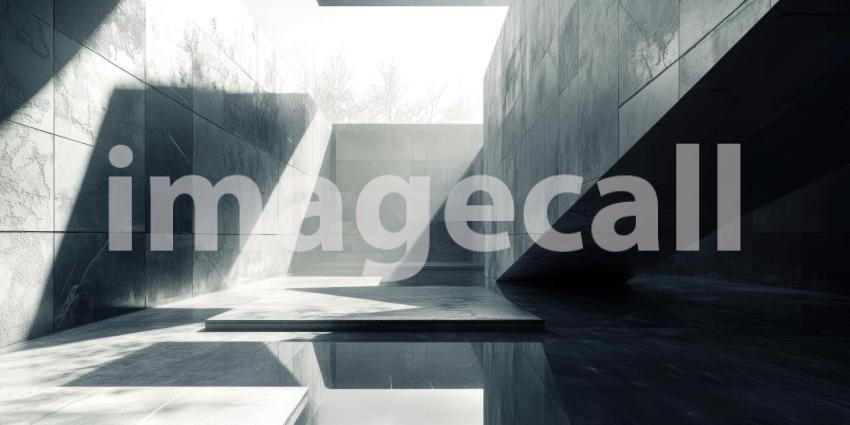 Futuristic Concrete Interior with Geometric Windows. Modern architectural space with light streaming through angular glass. Perfect for design, architecture, and sci-fi concepts.