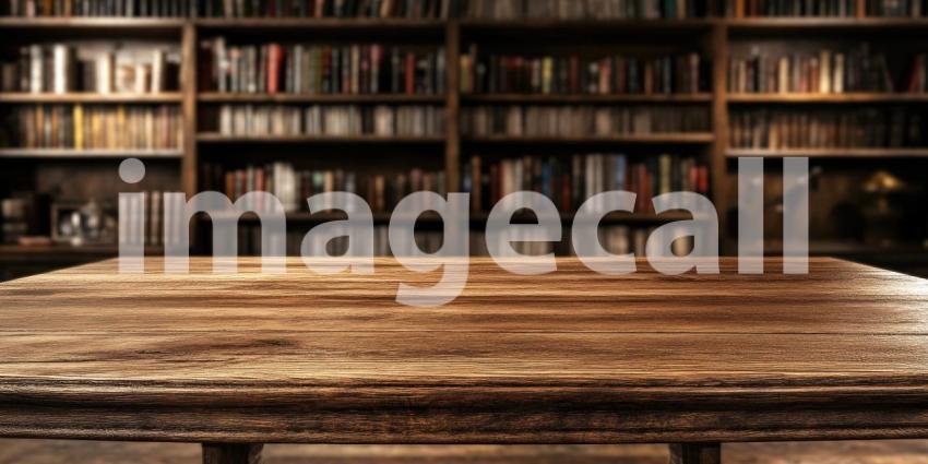 Vintage Library Reading Table. Wooden tabletop with a blurred bookshelf background. Perfect for education, literature, and nostalgic themes.