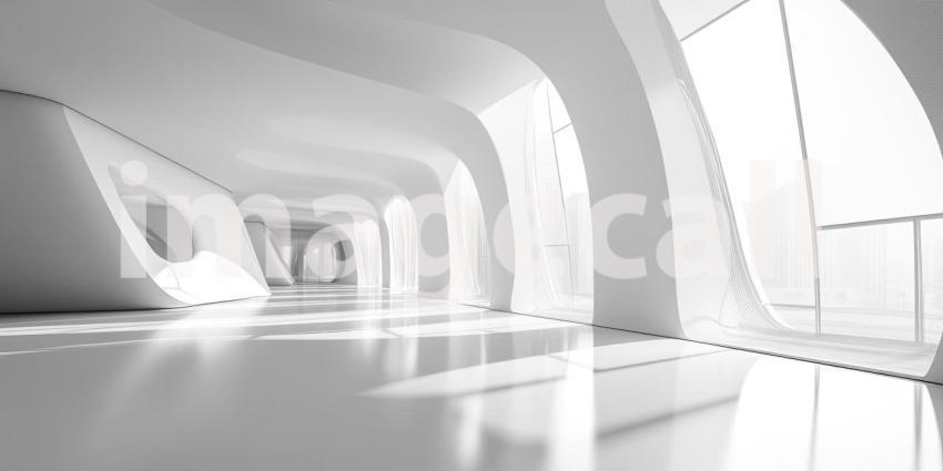 Futuristic Concrete Interior with Geometric Windows. Modern architectural space with light streaming through angular glass. Perfect for design, architecture, and sci-fi concepts.