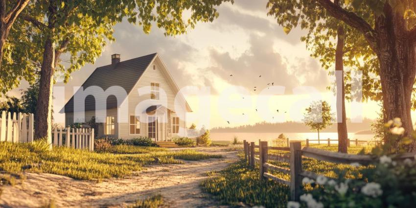 Modern Farmhouse Exterior at Dusk. Two-story home with a welcoming porch and landscaped yard. Perfect for real estate, architecture, and home design themes.