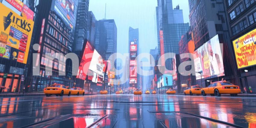 Rainy Times Square at Dawn. Empty city streets with iconic billboards and yellow cabs. Perfect for urban, cinematic, and atmospheric themes.