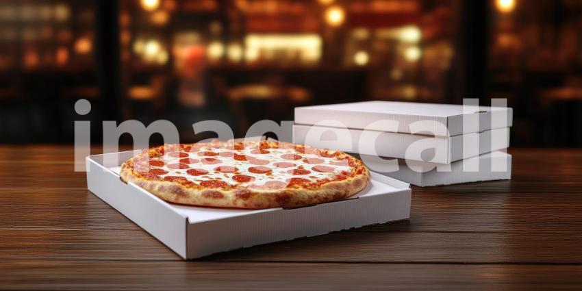 Pepperoni Pizza in a Cardboard Box. Freshly baked pizza with melted cheese and toppings, ready to serve. Perfect for food, delivery, and restaurant themes.