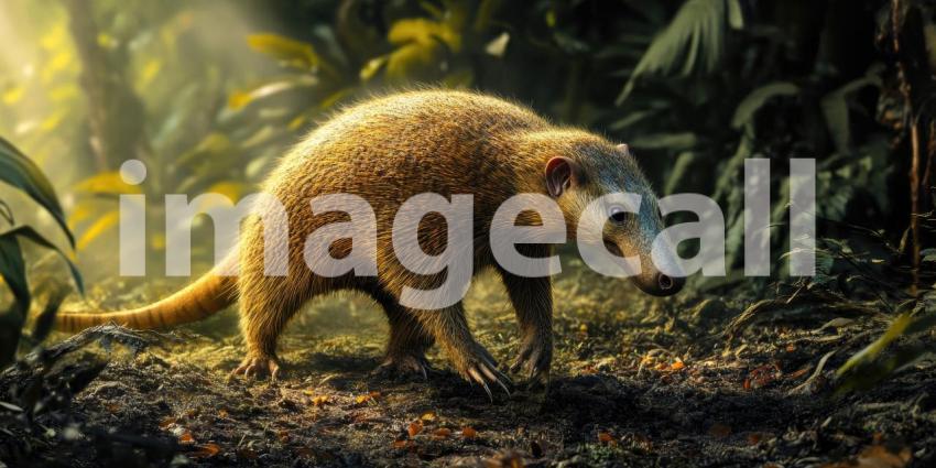 Golden Mole in the Rainforest. Close-up portrait of a small, furry mammal with a pointed snout. Perfect for nature, wildlife, and exotic animal themes.