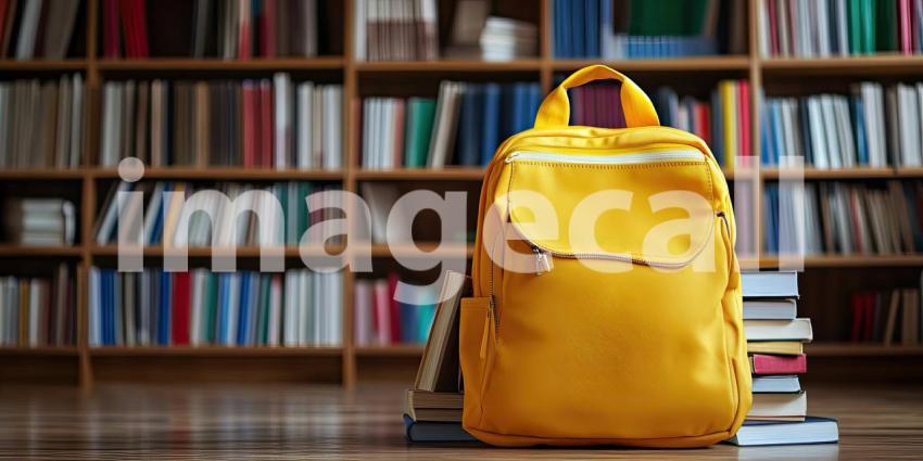 Back to School Preparation. Yellow backpack with books in front of a library bookshelf. Perfect for education, learning, and childhood themes.
