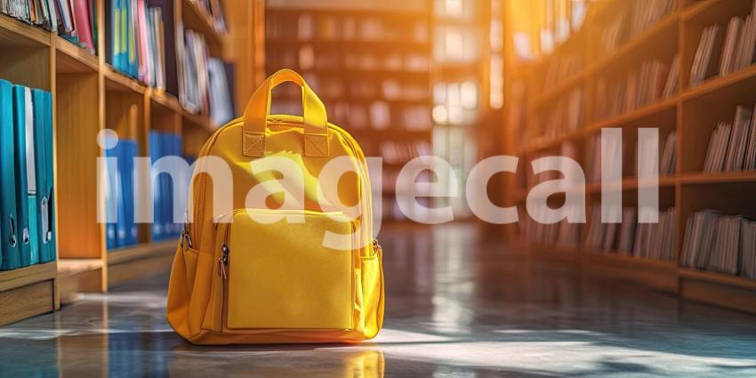 Back to School Preparation. Yellow backpack with books in front of a library bookshelf. Perfect for education, learning, and childhood themes.