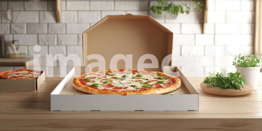Pepperoni Pizza in a Cardboard Box. Freshly baked pizza with melted cheese and toppings, ready to serve. Perfect for food, delivery, and restaurant themes.
