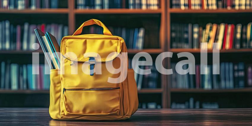 Back to School Preparation. Yellow backpack with books in front of a library bookshelf. Perfect for education, learning, and childhood themes.
