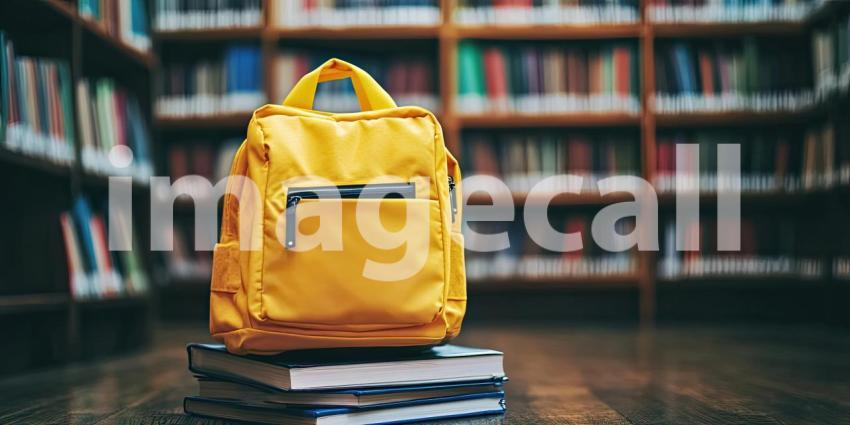 Back to School Preparation. Yellow backpack with books in front of a library bookshelf. Perfect for education, learning, and childhood themes.