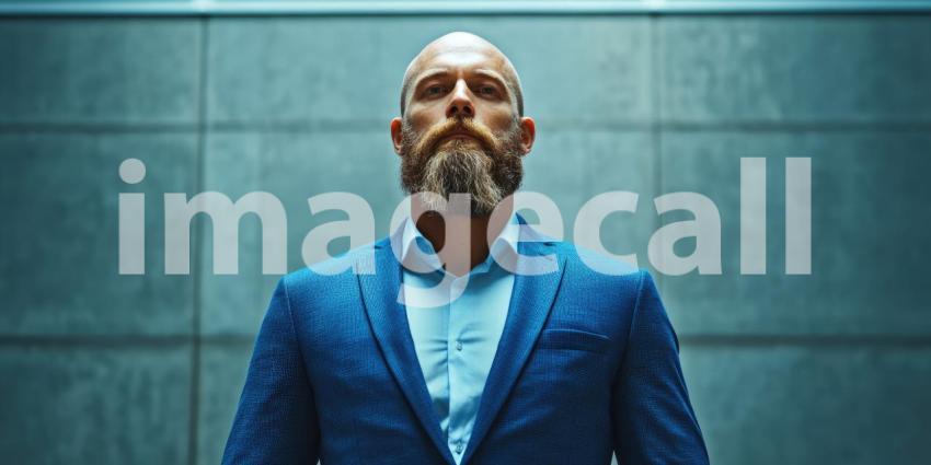 Sophisticated Gentleman in Blue Suit with Framed Portrait in Elegant Setting