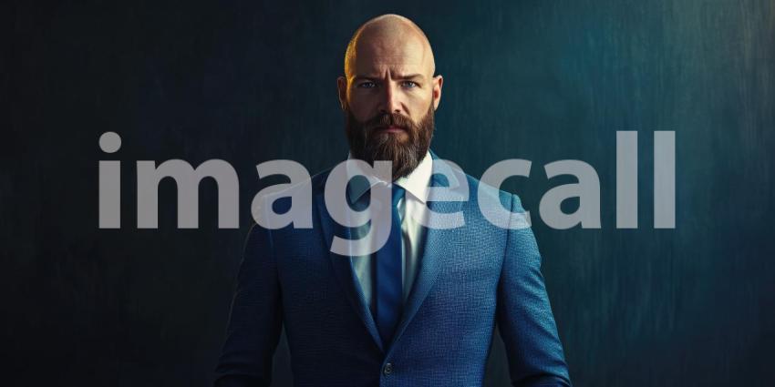 Sophisticated Gentleman in Blue Suit with Framed Portrait in Elegant Setting