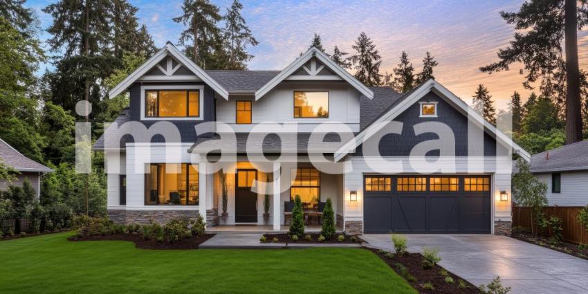Modern Farmhouse Exterior at Dusk. Two-story home with a welcoming porch and landscaped yard. Perfect for real estate, architecture, and home design themes.