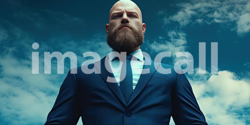 Sophisticated Gentleman in Blue Suit with Framed Portrait in Elegant Setting