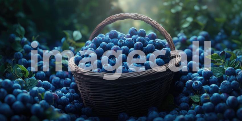 Fresh Blueberry Harvest. Wicker basket overflowing with ripe, juicy blueberries. Perfect for food, health, and summer themes.