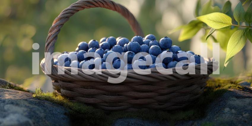 Fresh Blueberry Harvest. Wicker basket overflowing with ripe, juicy blueberries. Perfect for food, health, and summer themes.