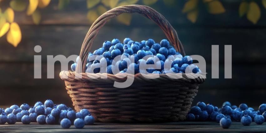 Fresh Blueberry Harvest. Wicker basket overflowing with ripe, juicy blueberries. Perfect for food, health, and summer themes.