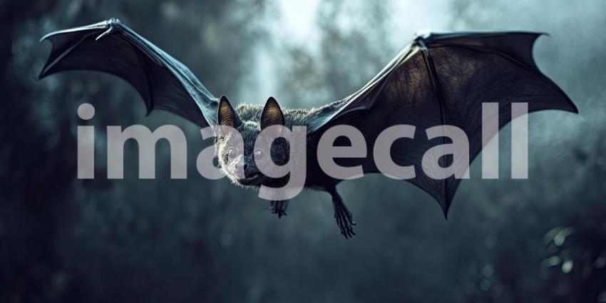 Bat Flying Over a Desolate Landscape at Sunset. Dramatic scene with a large bat silhouetted against a fiery sky. Perfect for fantasy, horror, and gothic themes.