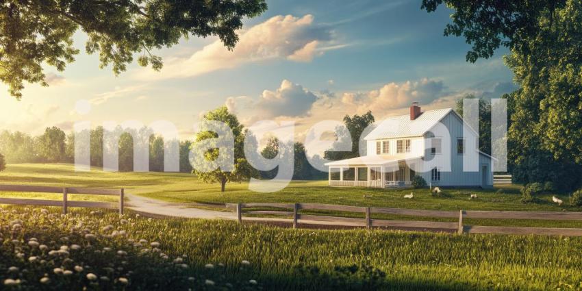 Modern Farmhouse Exterior at Dusk. Two-story home with a welcoming porch and landscaped yard. Perfect for real estate, architecture, and home design themes.