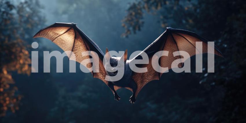 Bat Flying Over a Desolate Landscape at Sunset. Dramatic scene with a large bat silhouetted against a fiery sky. Perfect for fantasy, horror, and gothic themes.