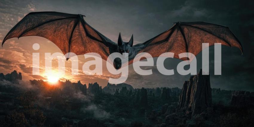 Bat Flying Over a Desolate Landscape at Sunset. Dramatic scene with a large bat silhouetted against a fiery sky. Perfect for fantasy, horror, and gothic themes.