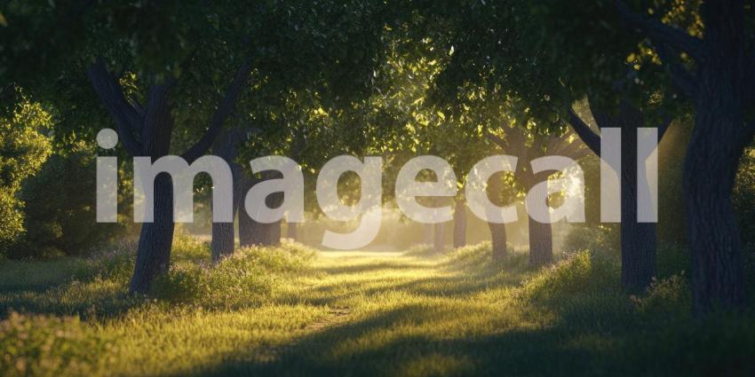 Enchanted Forest at Dawn. Sunbeams pierce through the trees, illuminating a magical scene with glowing particles. Perfect for fantasy, nature, and fairytale themes.