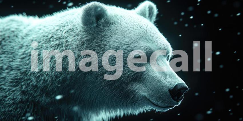 Polar Bear Portrait in Snowfall. Close-up of a majestic white bear with a dark background. Perfect for wildlife, nature, and winter themes.