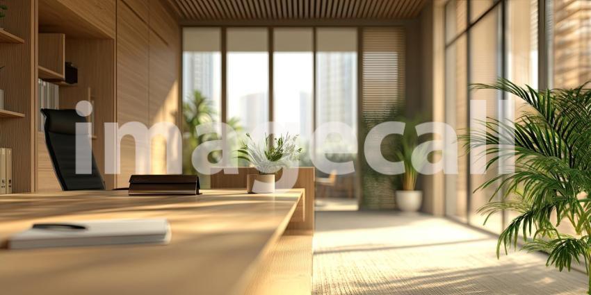 Modern Office Reception Area. Sunlit workspace with a clean design and stylish furniture. Perfect for business, interior design, and corporate themes.