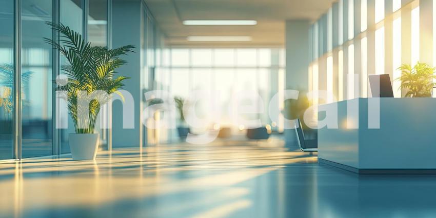 Modern Office Reception Area. Sunlit workspace with a clean design and stylish furniture. Perfect for business, interior design, and corporate themes.