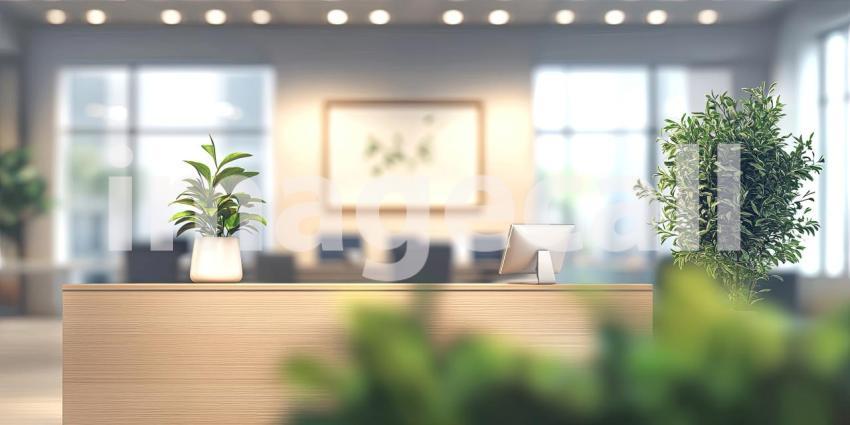 Modern Office Reception Area. Sunlit workspace with a clean design and stylish furniture. Perfect for business, interior design, and corporate themes.