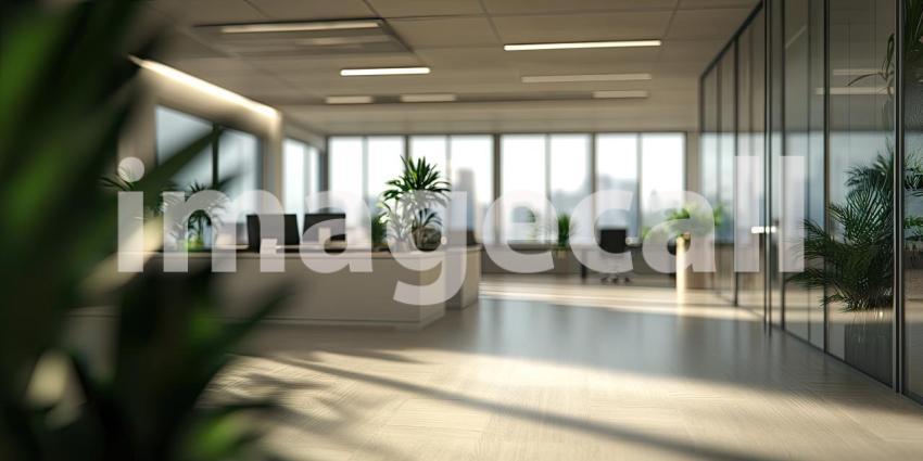 Modern Office Reception Area. Sunlit workspace with a clean design and stylish furniture. Perfect for business, interior design, and corporate themes.