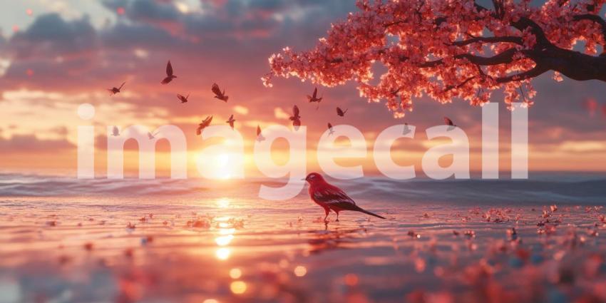 Sunset at the Seashore. A solitary seagull stands on the beach as the sun sets over the horizon, casting a warm glow on the water. Perfect for nature, beach, and travel themes.