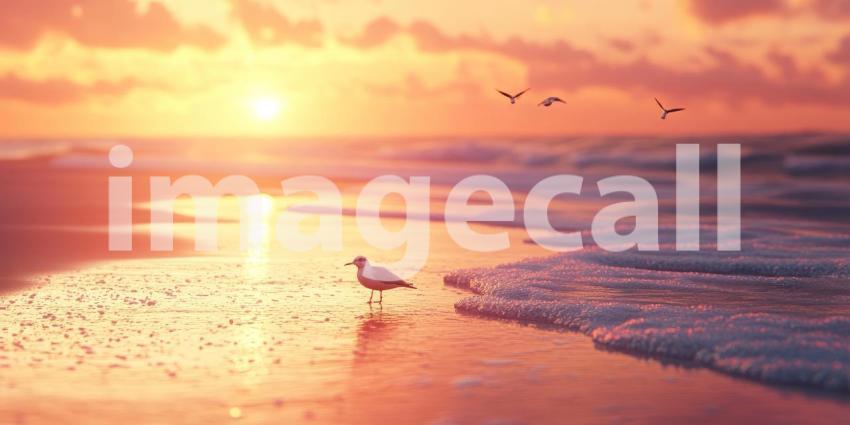 Sunset at the Seashore. A solitary seagull stands on the beach as the sun sets over the horizon, casting a warm glow on the water. Perfect for nature, beach, and travel themes.