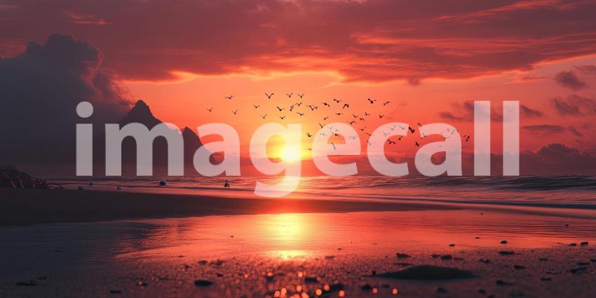 Sunset at the Seashore. A solitary seagull stands on the beach as the sun sets over the horizon, casting a warm glow on the water. Perfect for nature, beach, and travel themes.