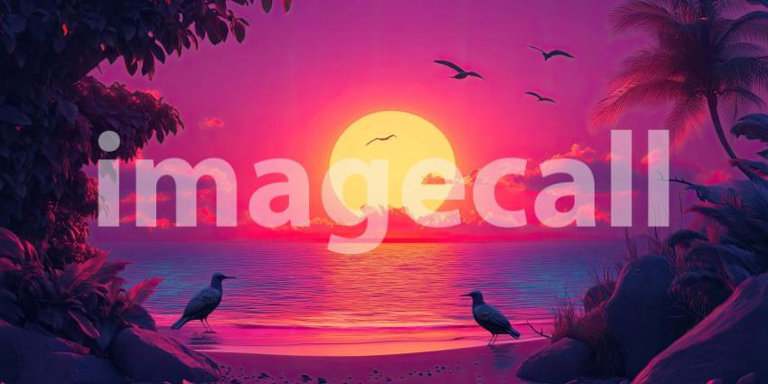 Sunset at the Seashore. A solitary seagull stands on the beach as the sun sets over the horizon, casting a warm glow on the water. Perfect for nature, beach, and travel themes.