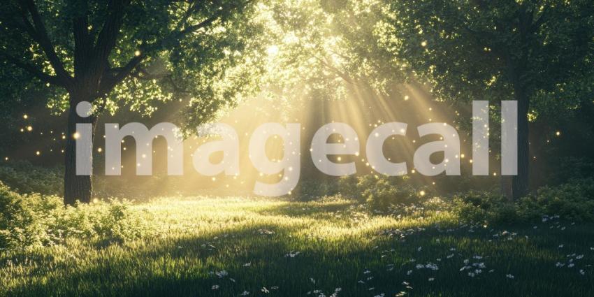 Enchanted Forest at Dawn. Sunbeams pierce through the trees, illuminating a magical scene with glowing particles. Perfect for fantasy, nature, and fairytale themes.