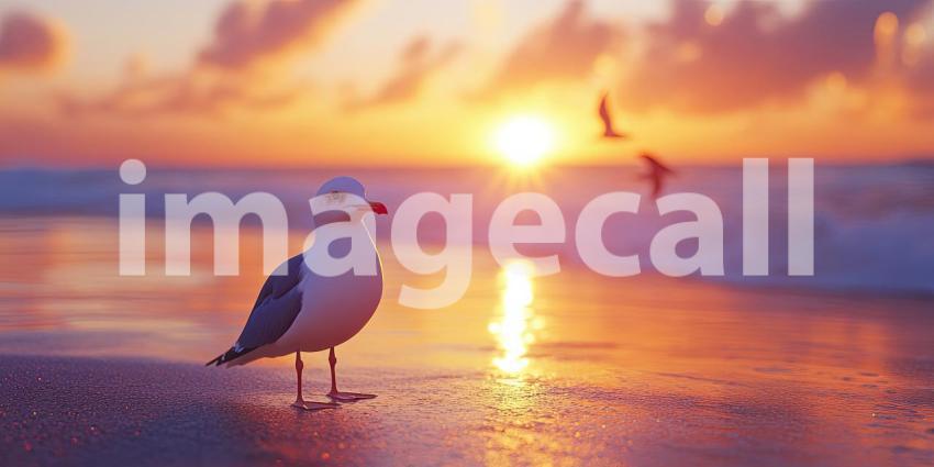 Sunset at the Seashore. A solitary seagull stands on the beach as the sun sets over the horizon, casting a warm glow on the water. Perfect for nature, beach, and travel themes.