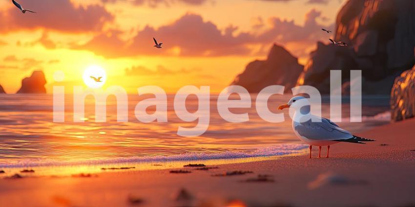 Sunset at the Seashore. A solitary seagull stands on the beach as the sun sets over the horizon, casting a warm glow on the water. Perfect for nature, beach, and travel themes.