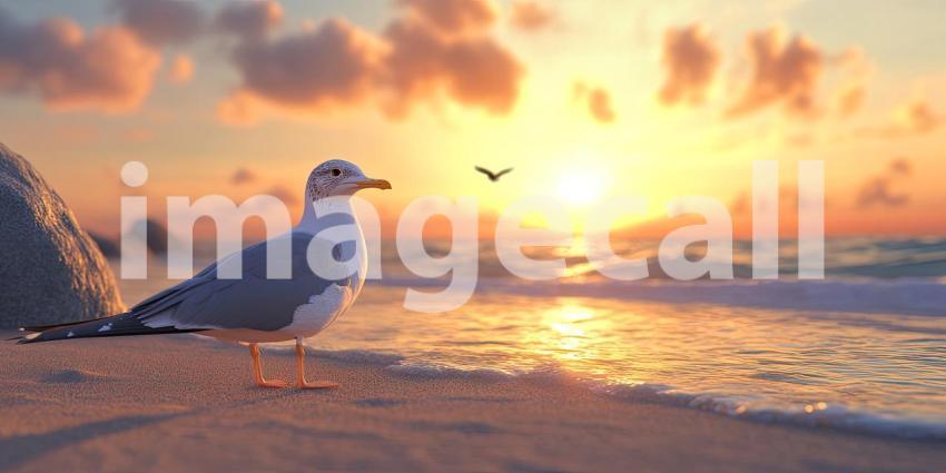 Sunset at the Seashore. A solitary seagull stands on the beach as the sun sets over the horizon, casting a warm glow on the water. Perfect for nature, beach, and travel themes.