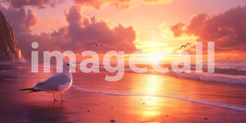 Sunset at the Seashore. A solitary seagull stands on the beach as the sun sets over the horizon, casting a warm glow on the water. Perfect for nature, beach, and travel themes.