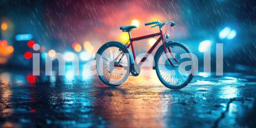 Cityscape Rainscape. A red bicycle stands alone on a wet city street at night, illuminated by colorful lights. Perfect for urban, atmospheric, and travel themes.