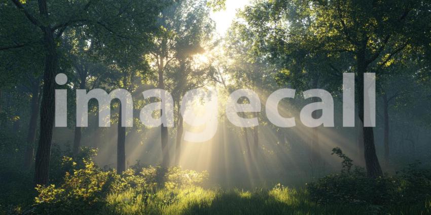 Enchanted Forest at Dawn. Sunbeams pierce through the trees, illuminating a magical scene with glowing particles. Perfect for fantasy, nature, and fairytale themes.