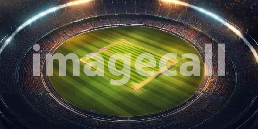 Aerial View of a Cricket Stadium at Night. Floodlit pitch with seating for a large crowd. Perfect for sports, events, and entertainment themes.