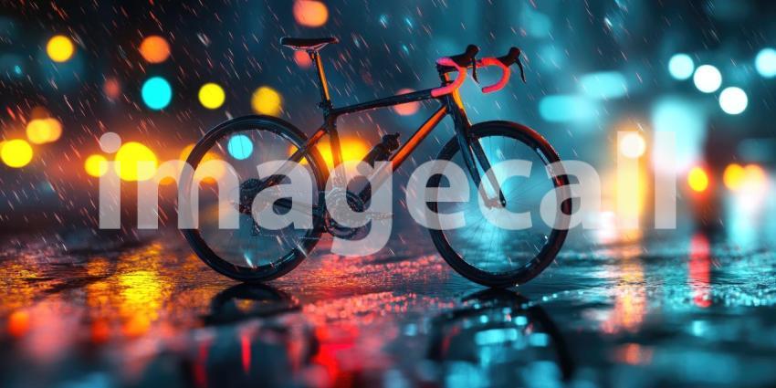 Cityscape Rainscape. A red bicycle stands alone on a wet city street at night, illuminated by colorful lights. Perfect for urban, atmospheric, and travel themes.