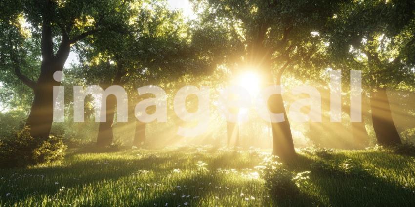 Enchanted Forest at Dawn. Sunbeams pierce through the trees, illuminating a magical scene with glowing particles. Perfect for fantasy, nature, and fairytale themes.