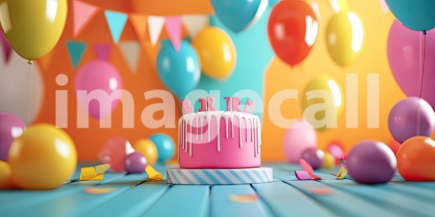 Festive Birthday Party Scene. A colorful cake with lit candles sits on a table surrounded by balloons and confetti. Perfect for birthday, celebration, and party themes.