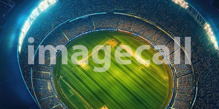 Aerial View of a Cricket Stadium at Night. Floodlit pitch with seating for a large crowd. Perfect for sports, events, and entertainment themes.